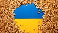 Ukrainian flag is covered with grains in this picture illustration taken May 9, 2022. REUTERS/Dado Ruvic/Illustration