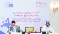 NHRC Secretary-General Sultan bin Hassan Al Jamali and Secretary-General of No Peace Without Justice, Dr. Niccolo Figa-Talamanca, at the workshop. 