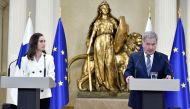 Finland's Prime Minister Sanna Marin and Finland's President Sauli Niinisto attend a joint news conference on Finland's security policy decisions at the Presidential Palace in Helsinki, Finland, May 15, 2022. Heikki Saukkomaa/ Lehtikuva/via REUTERS