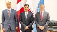 Secretary-General of the Ministry of Foreign Affairs H E Dr. Ahmad Hassen Al Hammadi, Permanent Representative of Qatar to the United Nations organisations in Vienna H E Sultan bin Salmeen Al Mansouri and Director of the United Nations Office on Drugs and Crime (UNODC) Division for Treaty Affairs in Vienna H E John Brandolino during their meeting in Vienna, Austria. 