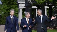 Norwegian PM Jonas Gahr Stoere, Finnish President Sauli Niinisto and NATO Secretary General Jens Stoltenberg arrive to the opening of the Kultaranta Talks in Naantali, Finland, June 12, 2022. Lehtikuva/Markku Ulander via Reuters 