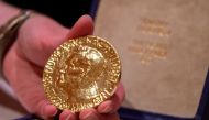Dmitry Muratov's 2021 Nobel Peace Prize medal is exhibited prior to the auction by Heritage Auctions in New York City, New York, U.S., June 20, 2022. REUTERS/David 'Dee' Delgado