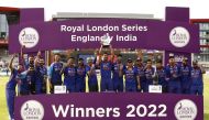 India team members celebrate with the Royal London Series trophy after winning the One Day International Series in Manchester, Britain, July 17, 2022. (Reuters/Jason Cairnduff)

