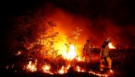 Firefighters create a tactical fire in Louchats, as wildfires continue to spread in the Gironde region of southwestern France, July 17, 2022. REUTERS/Sarah Meyssonnier