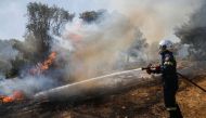 A firefighter works to extinguish a wildfire burning in Pallini, near Athens, Greece July 20, 2022. REUTERS/Costas Baltas