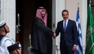 Greek Prime Minister Kyriakos Mitsotakis welcomes Saudi Crown Prince HRH Mohammed bin Salman at the Maximos Mansion in Athens, Greece, July 26, 2022. (REUTERS/Costas Baltas)