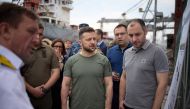 Ukraine's President Volodymyr Zelenskiy and Minister of Infrastructure Oleksandr Kubrakov visit a sea port before restarting grain export, amid Russia's attack on Ukraine continues, in Chornomorsk, Ukraine July 29, 2022. (Pic: Ukrainian Presidential Press Service)
