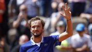 May 28, 2022 Russia's Daniil Medvedev celebrates after winning his third round match against Serbia's Miomir Kecmanovic REUTERS/Yves Herman

