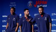 Paris St Germain's Lionel Messi, Neymar and Kylian Mbappe attend a news conference upon arrival in Tokyo for their team's tour of Japan in Tokyo, Japan July 17, 2022. Reuters/Issei Kato/File Photo