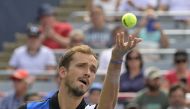 Aug 10, 2022; Montreal, QC, Canada; Daniil Medvedev serves against Nick Kyrgios (AUS) (not pictured) in second round play at IGA Stadium. Mandatory Credit: Eric Bolte-USA TODAY Sports