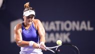 Bianca Andreescu (CAN) returns to Alize Cornet (not pictured) at Sobeys Stadium. Mandatory Credit: John E. Sokolowski-USA TODAY Sports