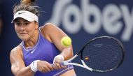 Bianca Andreescu (CAN) hits a backhand to Qinwen Zheng (not pictured) during third round play of the National Bank Open at Sobeys Stadium. Mandatory Credit: John E. Sokolowski-USA TODAY Sports