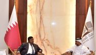 Dr. Hassan Al Derham, President of Qatar University, receiving Dr. Ashwin Fernandez, QS Regional Director of the Middle East, North Africa and South Asia.