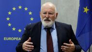 Frans Timmermans, European Commission Executive Vice President and European Commissioner for the European Green Deal gestures as he speaks during an interview at EU Delegation office in Jakarta, Indonesia, October 18, 2021. REUTERS/Ajeng Dinar Ulfiana/File Photo