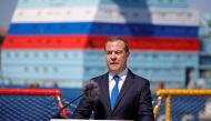 Dmitry Medvedev, Deputy Chairman of Russia's Security Council, delivers a speech during a ceremony marking Shipbuilder's Day in Saint Petersburg, Russia, on June 29, 2022. Sputnik/Valentin Yegorshin/Pool via REUTERS