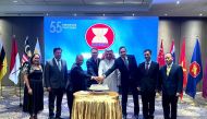 Cake cutting ceremony to mark the 55th anniversary of Asean, which was attended by Ministry of Foreign Affairs Chief of Protocol H E Ambassador Ibrahim Yousif Abdullah Fakhro, Asean Committee in Doha Chairman and Malaysian Ambassador to Qatar, H E Zamshari Shaharan, along with other Asean member states ambassadors. Pic: Joelyn Baluyut / The Peninsula