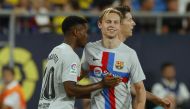 FC Barcelona's Ansu Fati (left) celebrates scoring their third goal with Frenkie de Jong during the La Liga match against Cadiz at the Estadio Nuevo Mirandilla, Cadiz, Spain,  on September 10, 2022.   REUTERS/Marcelo Del Pozo