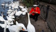 The Royal Swan Marker David Barber feeds swans by the River Thames, following the death of Britain's Queen Elizabeth, in Windsor, Britain, September 12, 2022. (REUTERS/Peter Nicholls)