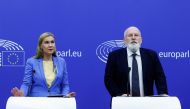 European Energy Commissioner Kadri Simson and European Commission Vice-President Frans Timmermans hold a news conference on high energy prices, at the European Parliament in Strasbourg, France, on September 14, 2022. REUTERS/Yves Herman