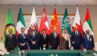 Assistant Foreign Minister for Regional Affairs H E Dr. Mohammed bin Abdulaziz bin Saleh Al Khulaifi (third left), Saudi Arabia Foreign Minister H H Prince Faisal bin Farhan bin Abdullah Al Saud (third right) and Chinese Foreign Minister H E Wang Yi (fourth right) with Their Excellencies Foreign Ministers on the sidelines of the 77th session of the UN General Assembly in New York, USA.