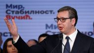 Serbian President  Aleksandar Vučić speaks after the results of the presidential election, in Belgrade, Serbia, on April 3, 2022. File Photo / Reuters
