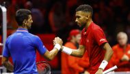 Team Europe's Novak Djokovic shakes hands with Team World's Felix Auger Aliassime after their Laver Cup match at the 02 Arena in London on September 25, 2022.   Action Images via Reuters/Andrew Boyers