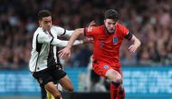 Germany's Jamal Musiala (left) in action against England's Declan Rice during their UEFA Nations League Group C match at the Wembley Stadium in London on September 26, 2022.  Action Images via Reuters/Carl Recine