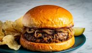 Mushroom and Black Bean Burgers With Balsamic-Glazed Onions. Photo by Scott Suchman for The Washington Post.
