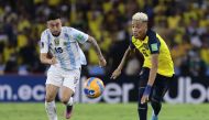 Ecuador's Byron Castillo in action with Argentina's Nicolas Gonzalez at the World Cup South American Qualifiers in Guayaquil, Ecuador, March 29, 2022. (REUTERS/Franklin Jacome)