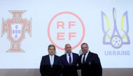 Portuguese Football Federation president Fernando Gomes, Spanish football Federation president Luis Rubiales and Ukrainian Association of Football president Andriy Pavelko pose during the press conference to announce their joint 2030 World Cup bid at the UEFA headquarters, Nyon, Switzerland, on October 5, 2022.  REUTERS/Denis Balibouse