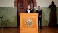 Berit Reiss-Andersen, head of the Nobel Committee, announces the winner of this year's peace prize laureate at the Nobel Institute in Oslo, Norway October 7, 2022. NTB/Heiko Junge via REUTERS