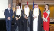 Minister of Justice H E Masoud bin Mohammed Al Ameri (centre); Minister of State and Qatar National Library President H E Dr. Hamad bin Abdulaziz Al Kawari (second left); Ministry of Foreign Affairs’ Department of Protocol Director, Ambassador Ibrahim Fakhro (second right); Spanish Ambassador H E Javier Carbajosa (first left) and wife of the Spanish ambassador Ambreen Qazi during the National Day celebration.
