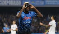 Napoli's Victor Osimhen celebrates scoring their third goal during the Serie A match against Bologna at the Stadio Diego Armando Maradona, Naples, Italy, on October 16, 2022.    REUTERS/Ciro De Luca