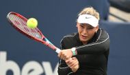 Aug 8, 2022; Toronto, ON, Canada; Donna Vekic (CRO) plays a shot against Simona Halep (ROU) in first round play in the National Bank Open at Sobeys Stadium. Mandatory Credit: Dan Hamilton
