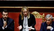 Italy's Prime Minister Giorgia Meloni speaks next to Foreign Affairs Minister Antonio Tajani and Infrastructure Minister Matteo Salvini during a session of the upper house of parliament ahead of a confidence vote for the new government, in Rome, Italy, on October 26, 2022. REUTERS/Guglielmo Mangiapane