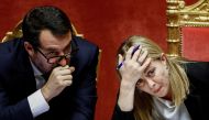 Italy's Prime Minister Giorgia Meloni and Infrastructure Minister Matteo Salvini attend a session of the upper house of parliament ahead of a confidence vote for the new government, in Rome, Italy, on October 26, 2022. REUTERS/Guglielmo Mangiapane/File Photo