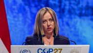 Italy's Prime Minister Giorgia Meloni delivers a speech at the leaders' summit of the COP27 climate conference at the Sharm el-Sheikh International Convention Centre, in Egypt's Red Sea resort city of the same name, on November 7, 2022. (AFP/Ahmad Gharabli)