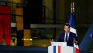France's President Emmanuel Macron delivers a speech on defence strategy to present the La Revue nationale strategique (RNS), a new military programming law (2024-2030), on the amphibious helicopter carrier Dixmude docked in the French Navy base of Toulon, Southern France on November 9, 2022. (AFP/Eric Gaillard)