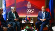Russian Foreign Minister Sergei Lavrov and Secretary-General of the United Nations Antonio Guterres attend a meeting on the sidelines of the G20 summit in Bali, Indonesia, November 15, 2022. Russian Foreign Ministry/Handout via Reuters