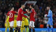 Manchester United's Cristiano Ronaldo and Bruno Fernandes before the Europa League (Manchester United v Sheriff Tiraspol) match at Old Trafford, Manchester, Britain, October 27, 2022. (REUTERS/Craig Brough)