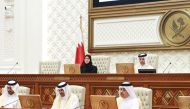 Shura Council Speaker H E Hassan bin Abdullah Al Ghanim chairing a session of the council yesterday. Deputy Speaker H E Dr. Hamda bint Hassan Al Sulaiti and Finance Minister H E Ali bin Ahmed Al Kuwari are also seen. 
