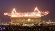 General view of a pyrotechnic display at the Lusail  stadium after the FIFA World Cup Qatar 2022 Final match