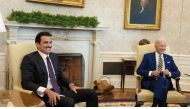 Amir H H Sheikh Tamim bin Hamad Al Thani with US President H E Joe Biden at the White House in Washington, DC, on January 31, 2022. 