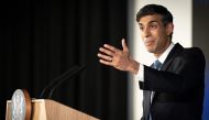 Britain's Prime Minister Rishi Sunak delivers his first major domestic speech of 2023, at Plexal, Queen Elizabeth Olympic Park in east London, on January 4, 2023.  (Photo by Stefan Rousseau / POOL / AFP)