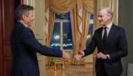 German Economy Minister and Vice-Chancellor Robert Habeck (L) and Norway's Prime Minister Jonas Gahr Stّre shake hands during their meeting on January 5, 2023 in Oslo, Norway. (Photo by Ole Berg-Rusten / NTB / AFP)