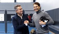 Rafael Nadal shakes hands with E1 Series co-founder Alejandro Agag after announcing he will become a new team owner in the E1 World Championship E1 at the Rafa Nadal Academy, Mallorca, Spain on January 10, 2023. Series/Handout via REUTERS