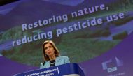 European Commissioner for Health and Food Safety Stella Kyriakides speaks during a news conference on the proposal by the European Commission of two laws to cut the environmental impact of pesticides and set aside land for nature restoration, in Brussels, Belgium, June 22, 2022. (REUTERS/Yves Herman)