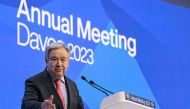 UN Secretary-General Antonio Guterres addresses a session of the World Economic Forum (WEF) annual meeting in Davos on January 18, 2023. (Photo by Fabrice Coffrini / AFP)