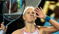 Belarus' Victoria Azarenka celebrates victory against Jessica Pegula of the US during their women's singles quarter-final match on day nine of the Australian Open tennis tournament in Melbourne on January 24, 2023. (Photo by DAVID GRAY / AFP)