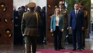 Libya's Tripoli-based Prime Minister Abdulhamid Dbeibah receives his Italian counterpart Giorgia Meloni, in the capital Tripoli, on January 28, 2023. (Photo by Mahmud Turkia / AFP)